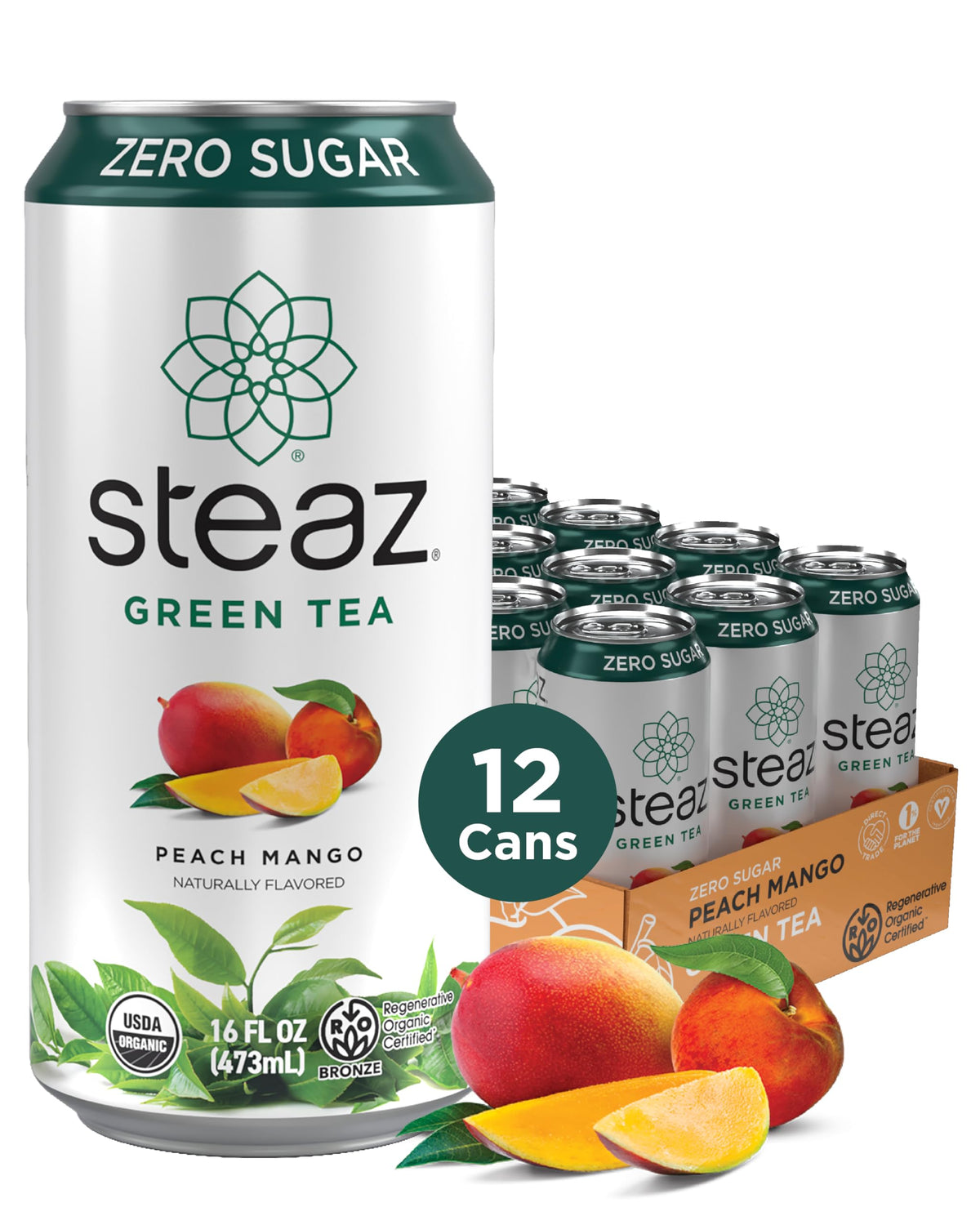 Steaz Zero Sugar Organic Green Tea - Peach Mango (12 Pack) | Regenerative Organic Certified