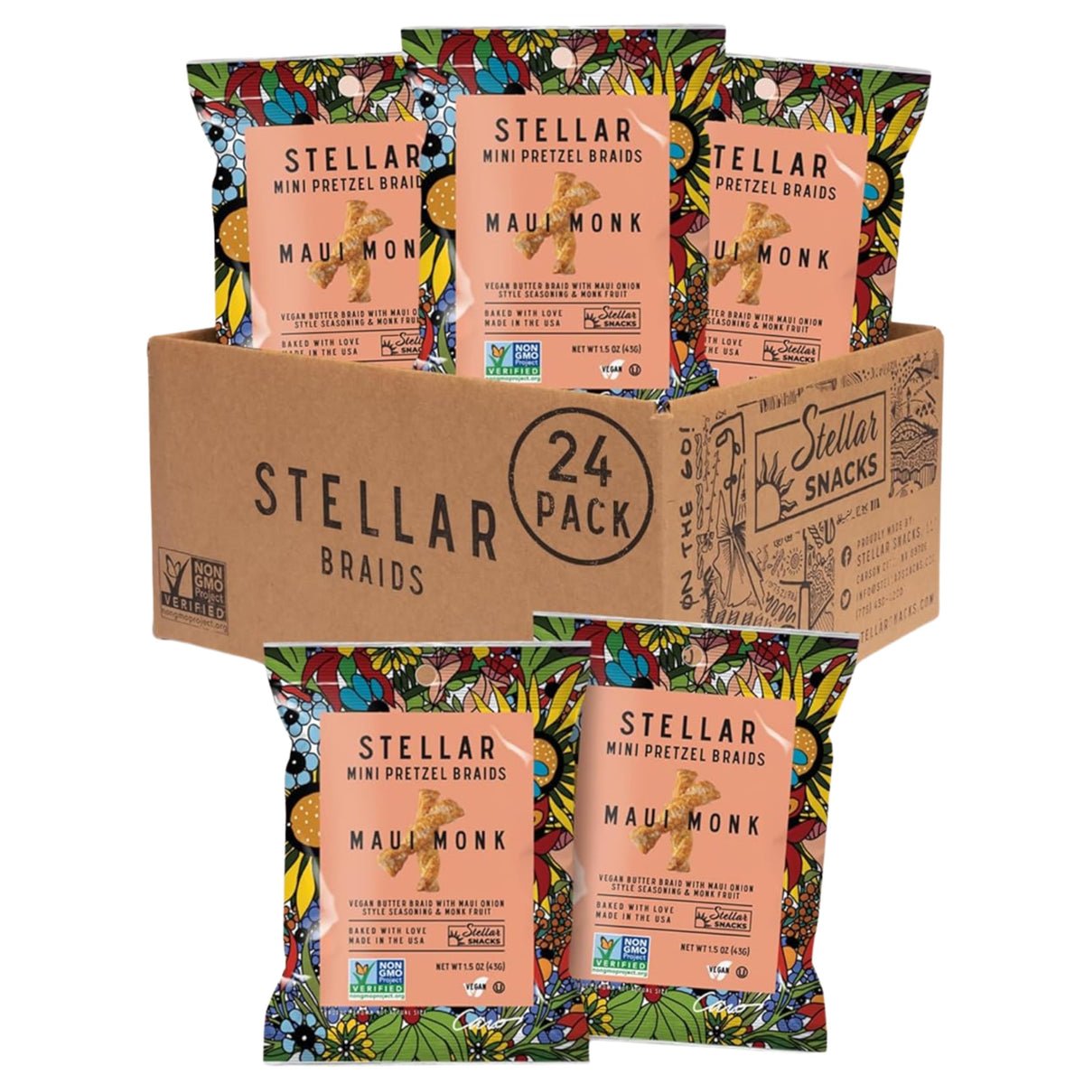 Stellar Snacks Maui Monk Mini Pretzel Braids – 24-Pack, Vegan, Kosher, Non-GMO, 1.5 oz Each