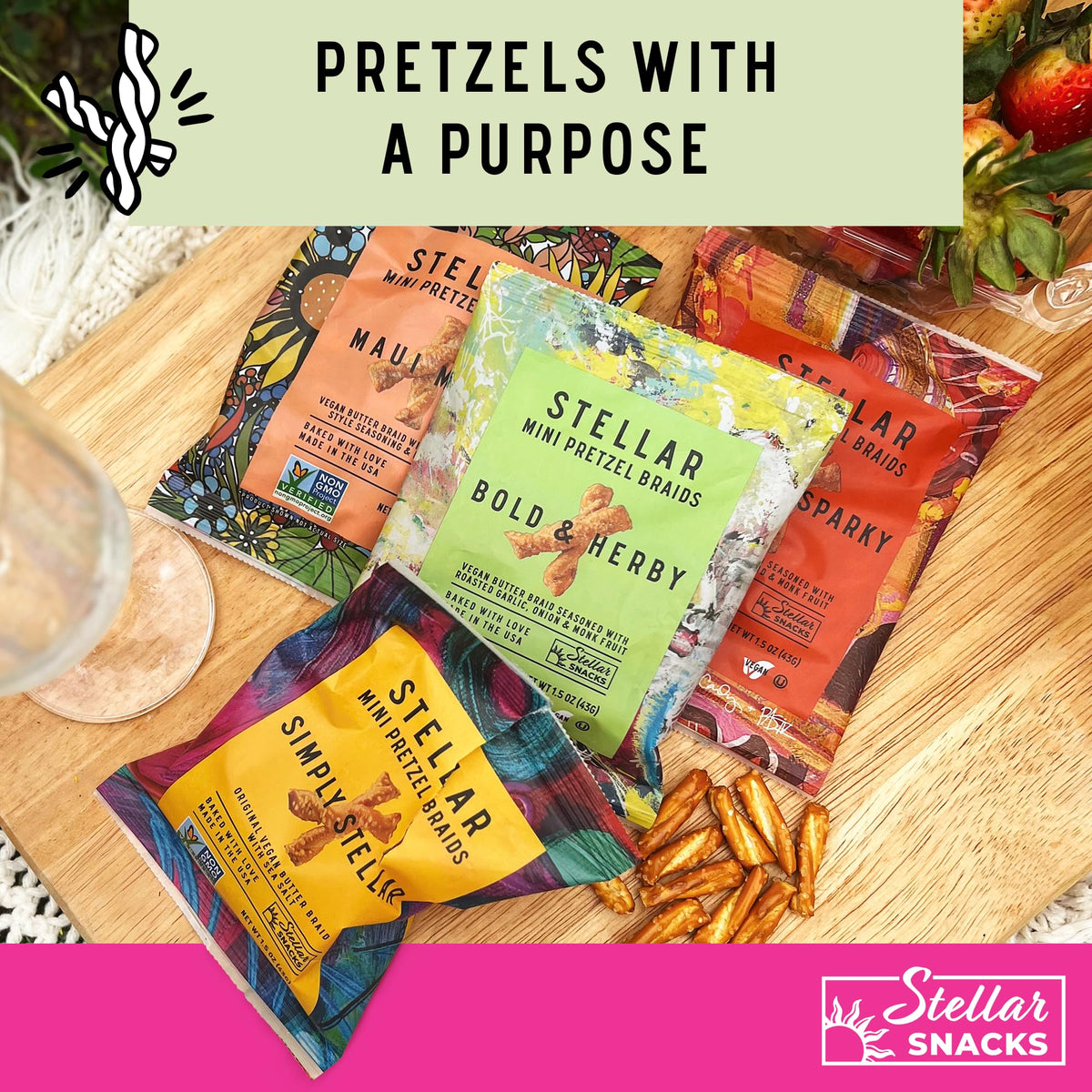 Stellar Snacks Mini Pretzel Braids – Vegan, Kosher, Non-GMO, 24-pack, Bold & Herby
