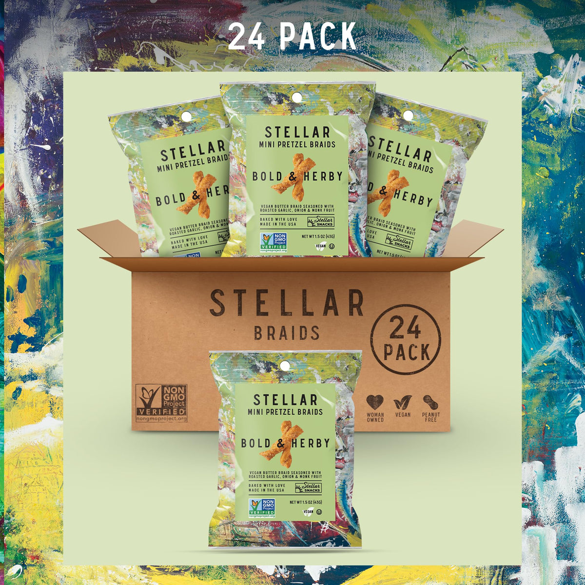 Stellar Snacks Mini Pretzel Braids – Vegan, Kosher, Non-GMO, 24-pack, Bold & Herby