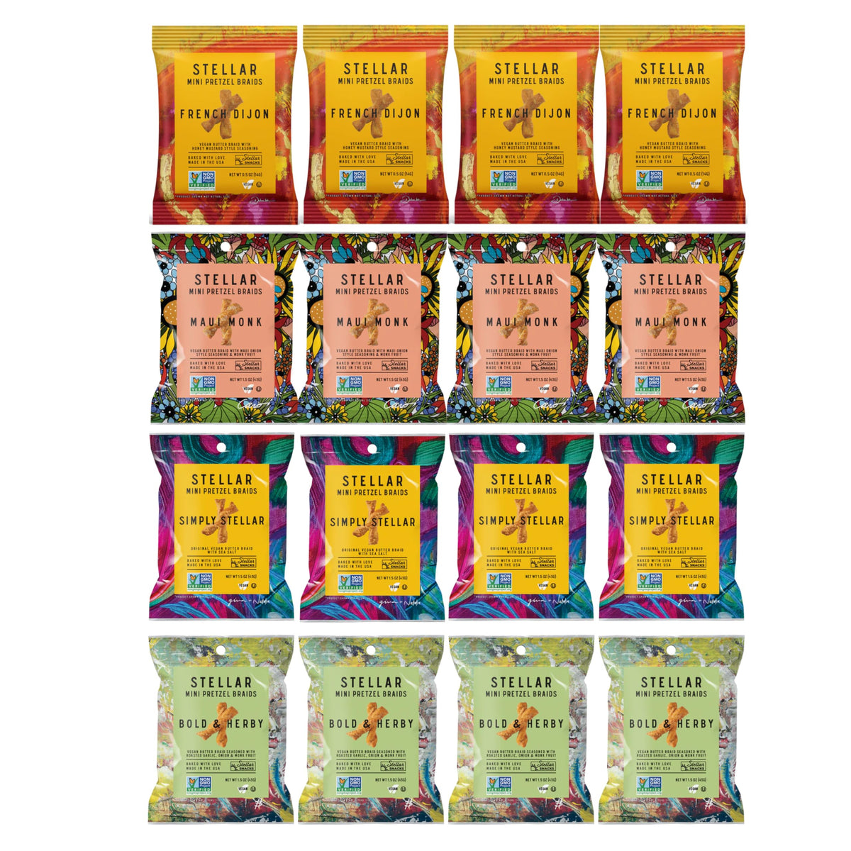 STELLAR SNACKS Mini Pretzel Braids – 4 Flavor Variety Pack, 24 Packs, Vegan, Kosher, Non-GMO