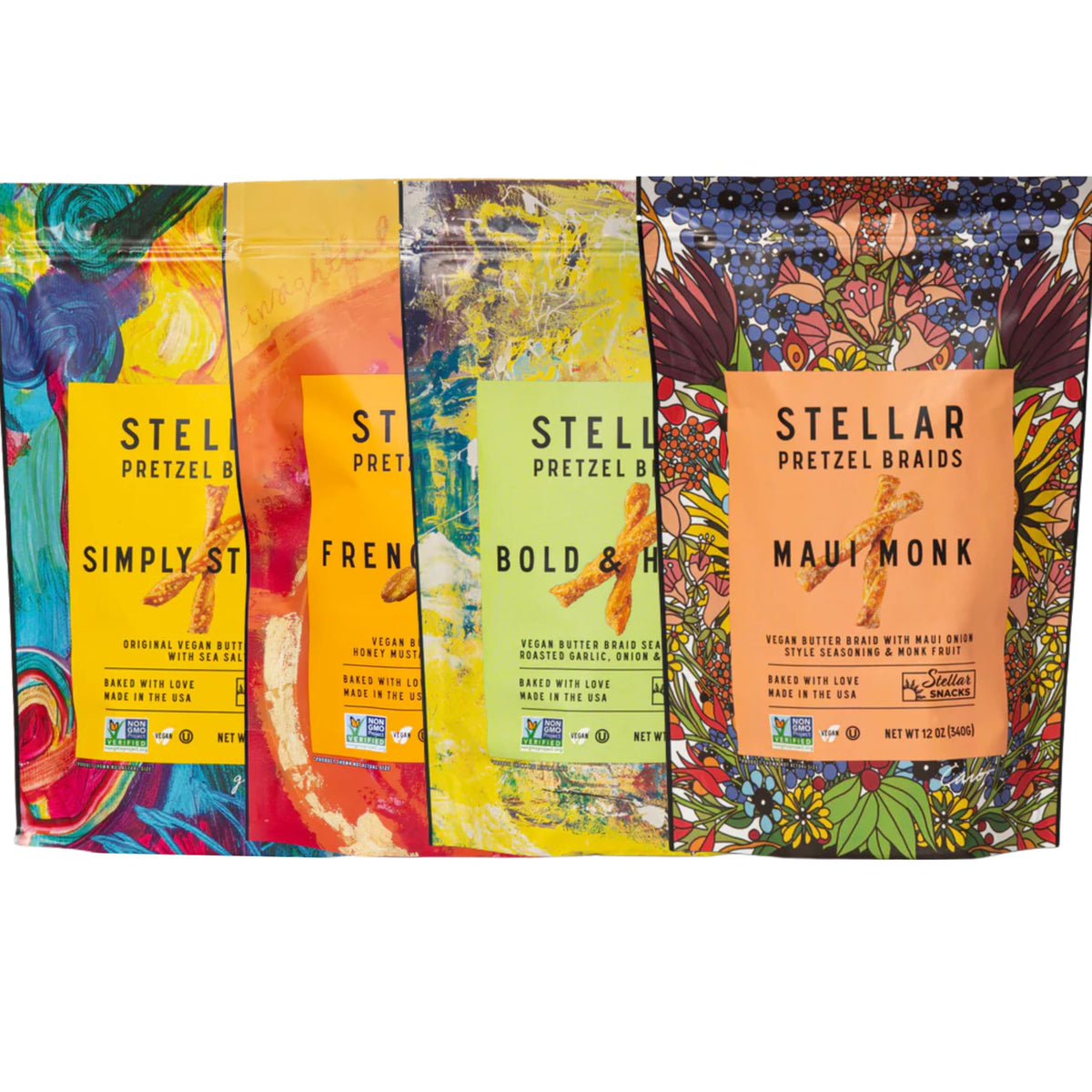 Stellar Snacks Pretzel Braids Variety Pack – 4 Flavors 12 oz Each | Vegan, Kosher, Non-GMO, Peanut Free