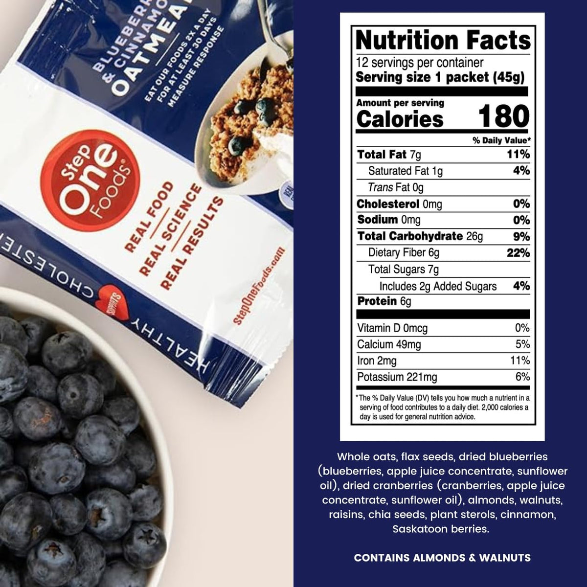Step One Foods Blueberry Cinnamon Oatmeal – Heart Health, Plant Sterols, Omega-3, Fiber