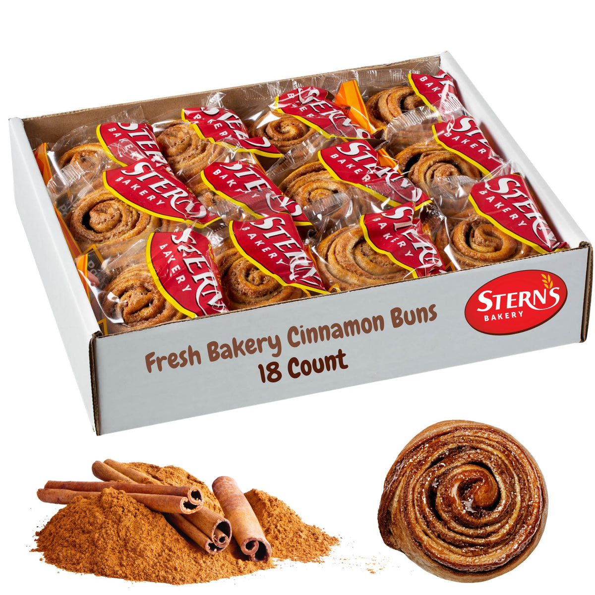 Stern's Bakery Cinnamon Buns Breakfast Pastry – 18 Individually Wrapped Cinnamon Rolls