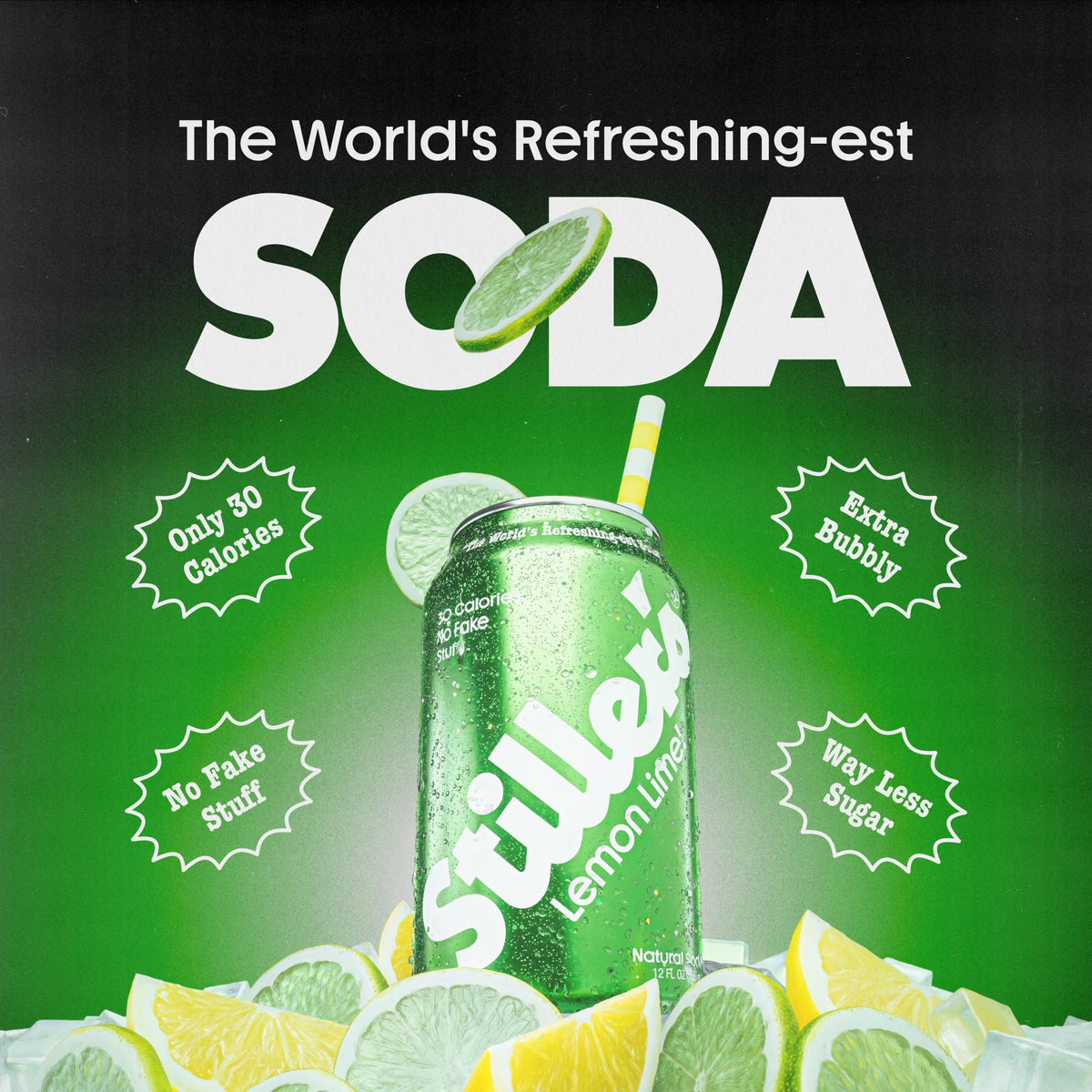 STILLER'S Natural Soda Lemon Lime — 12 Cans, Real Lemon & Lime, 30 Calories, Caffeine Free