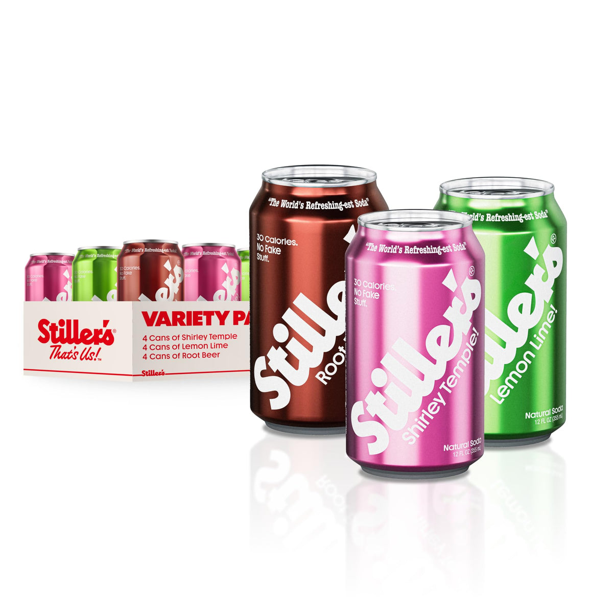 STILLER'S Natural Soda Variety Pack – 12 Cans, 30 Calories, Lemon Lime, Shirley Temple, Root Beer