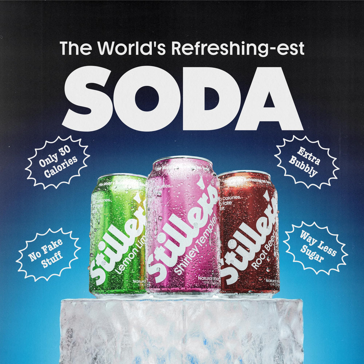 STILLER'S Natural Soda Variety Pack – 12 Cans, 30 Calories, Lemon Lime, Shirley Temple, Root Beer