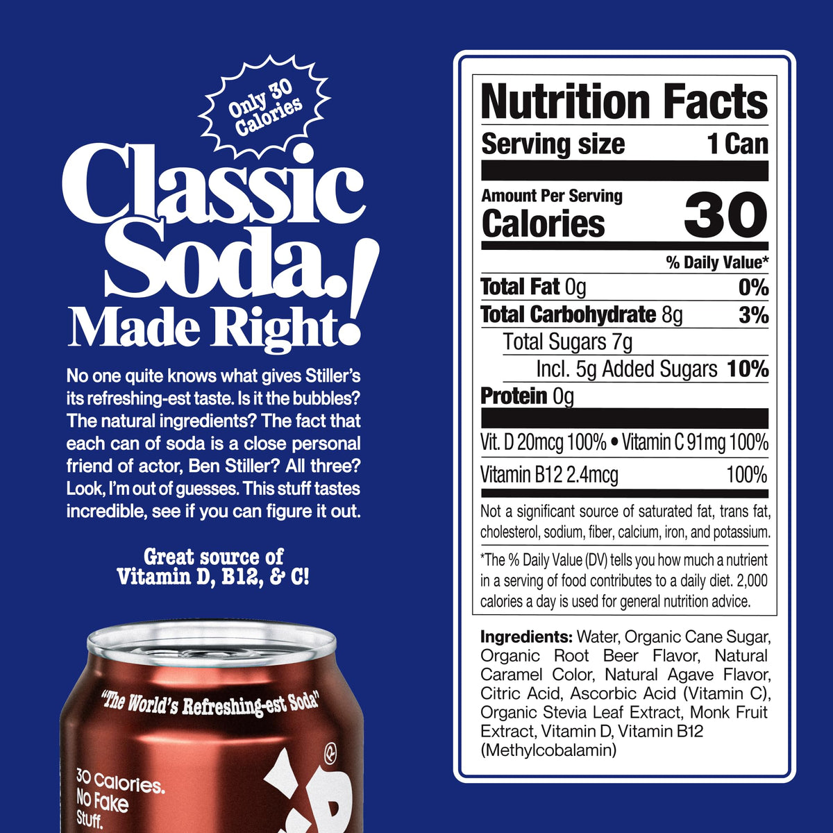 STILLER'S Natural Soda Root Beer – 12 Cans, 30 Calories, Caffeine Free, Low Sugar