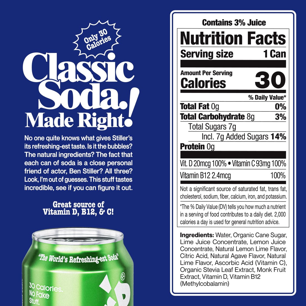 STILLER'S Natural Soda Lemon Lime — 12 Cans, Real Lemon & Lime, 30 Calories, Caffeine Free
