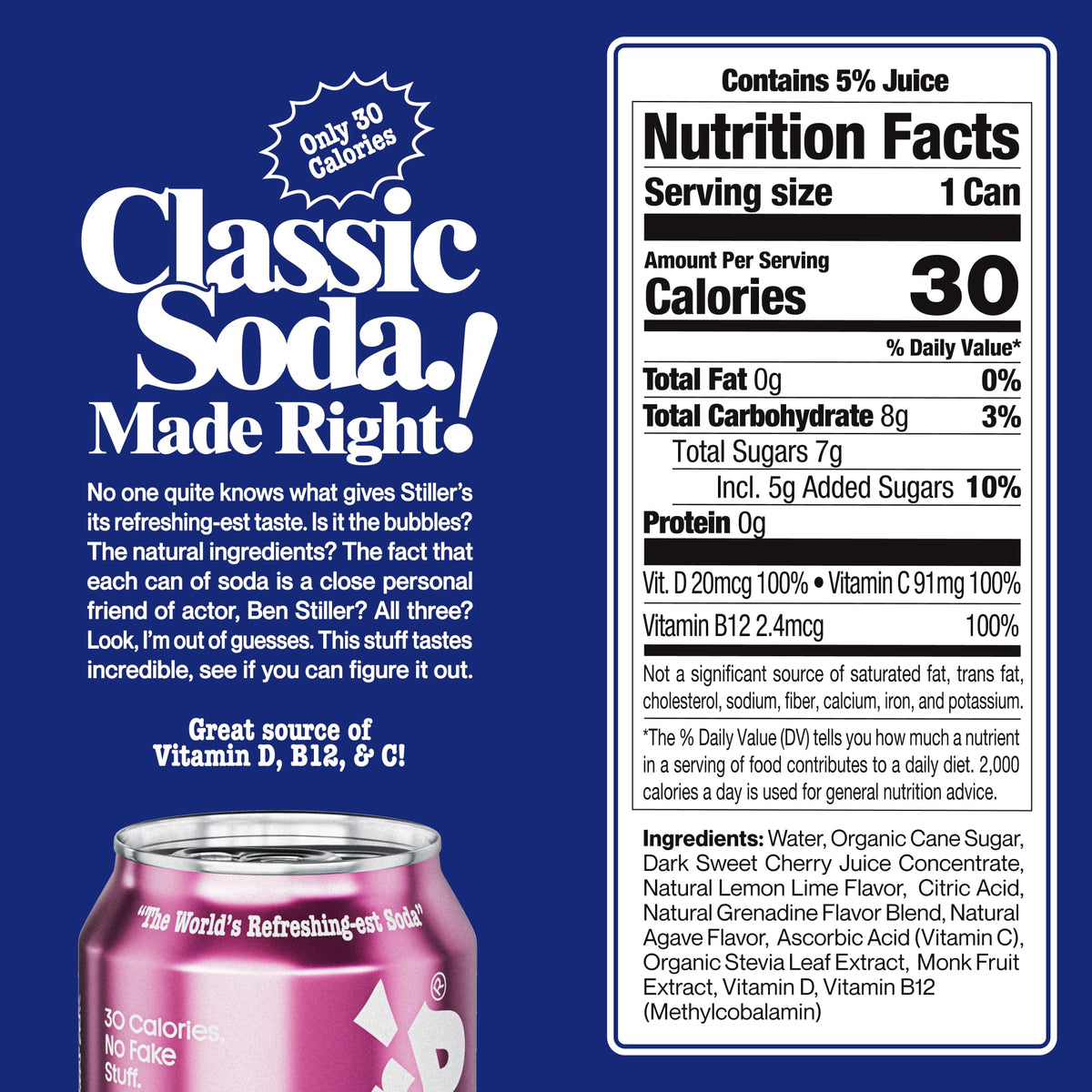 STILLER'S Natural Soda - Shirley Temple (12 Cans): 30 Cal, Real Cherry & Lime, Vitamin D/C/B12, Caffeine Free
