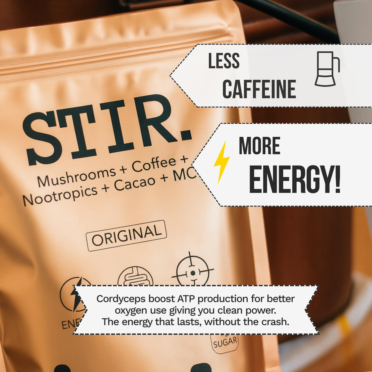 STIR Premium Instant Mushroom Coffee | Lion’s Mane, Chaga, Reishi, Cordyceps, Shiitake, Turkey Tail | Cocoa, Vanilla & Coconut MCTs | Focus, Energy & Digestive Support | 30 Servings