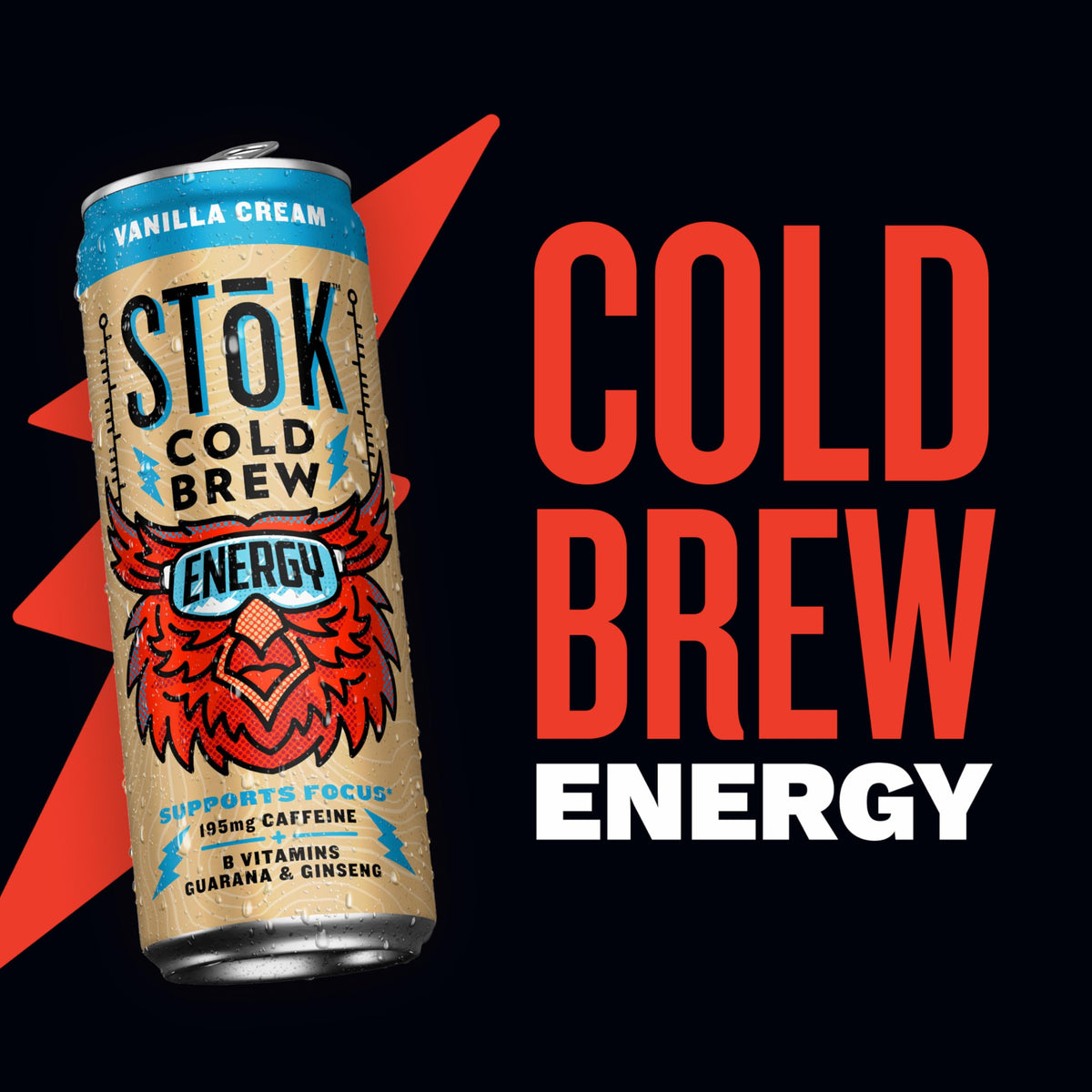 STOK Cold Brew Energy Vanilla Cream — 195mg Caffeine, B-Vitamins, Guarana & Ginseng (11 oz, 12pk)