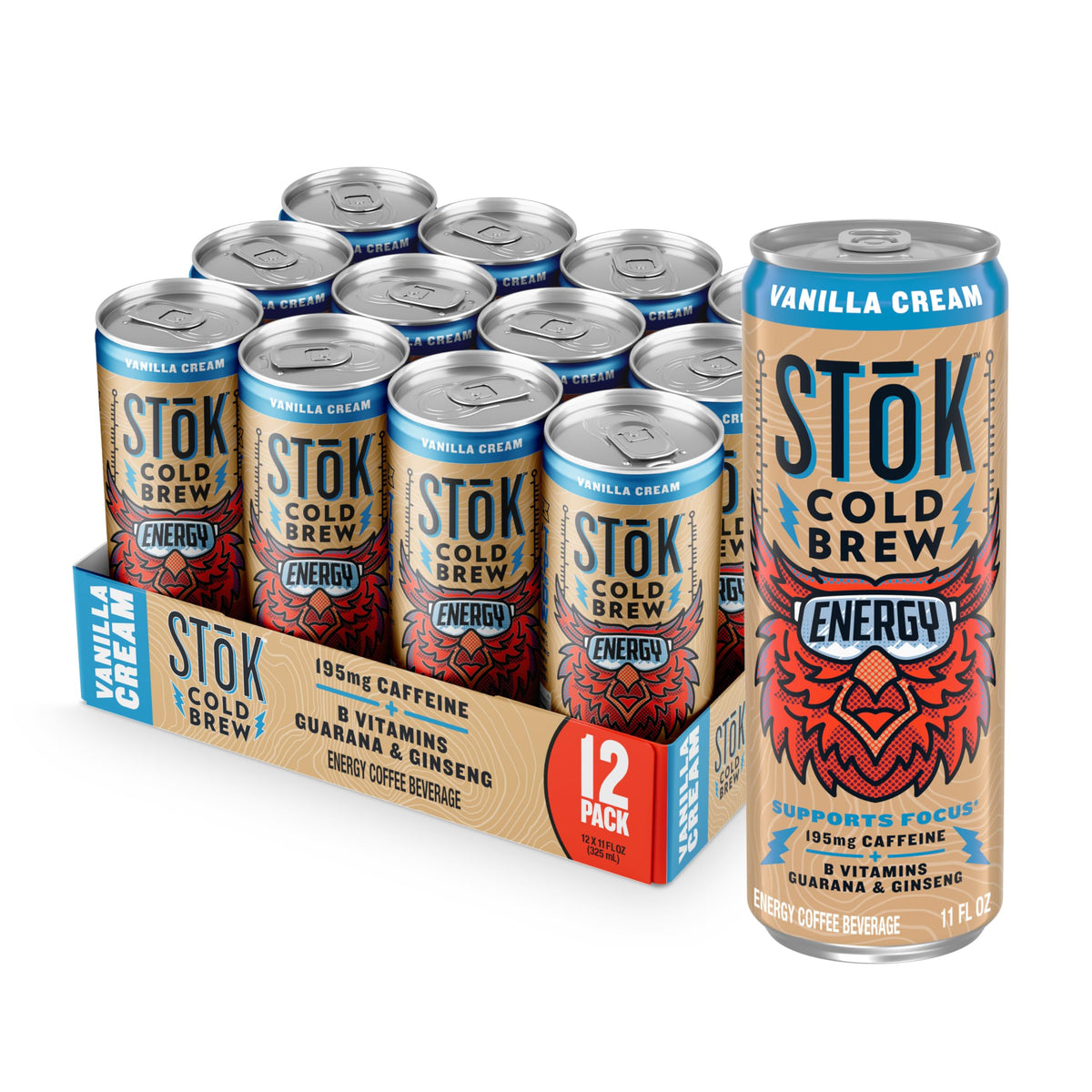 STOK Cold Brew Energy Vanilla Cream — 195mg Caffeine, B-Vitamins, Guarana & Ginseng (11 oz, 12pk)