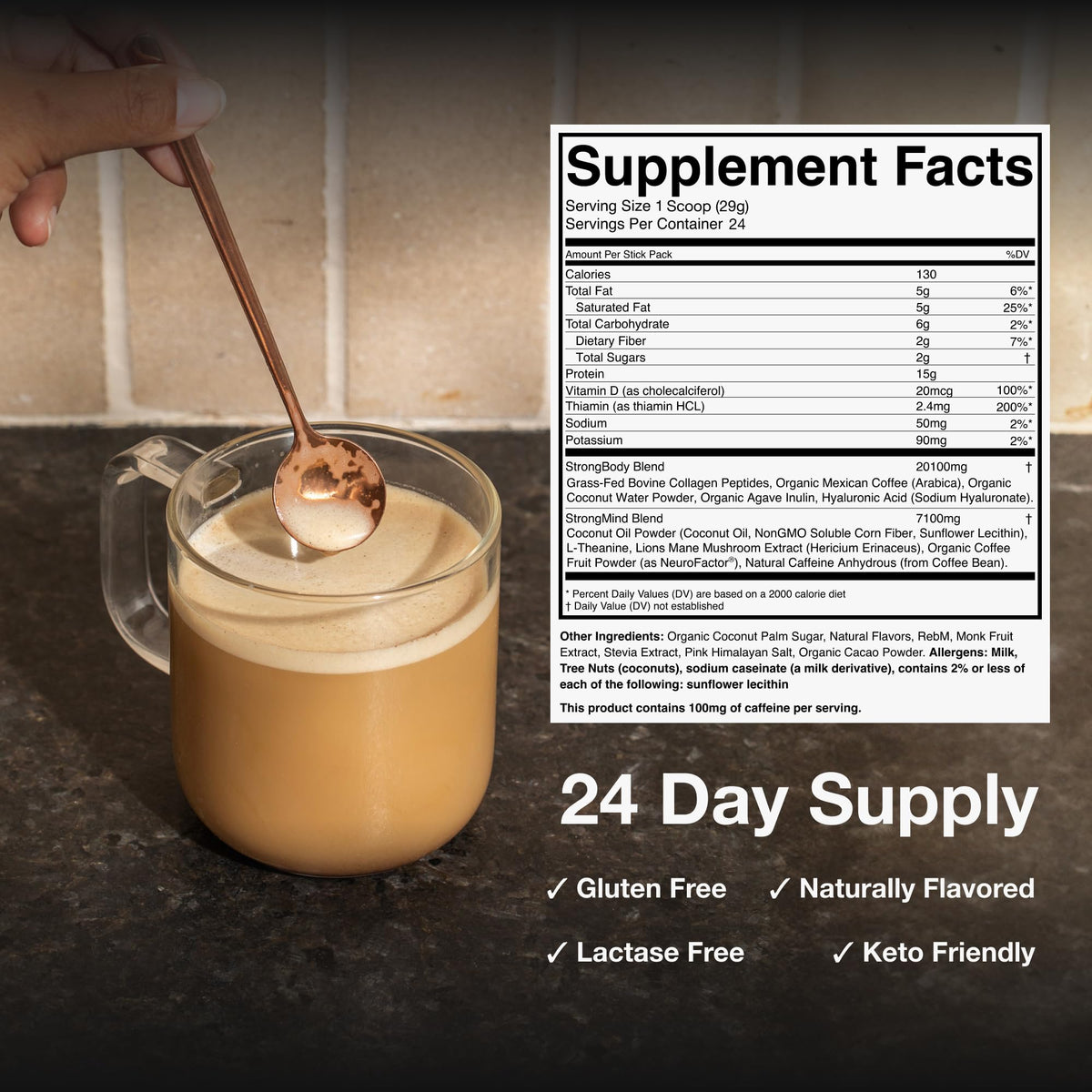STRONG COFFEE COMPANY Vanilla Instant Latte Pack | 15g Collagen Protein | Lion’s Mane & L-Theanine