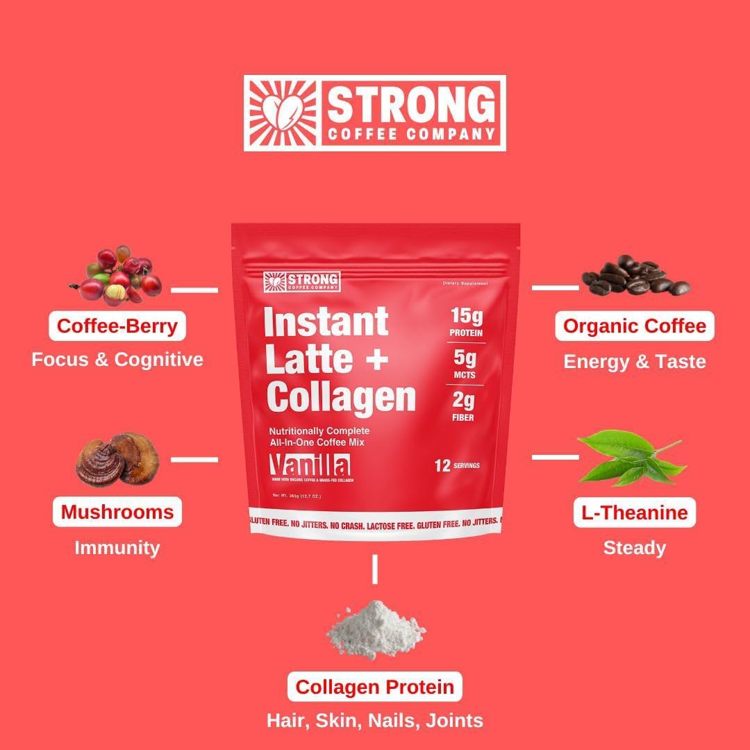 STRONG COFFEE COMPANY Vanilla Instant Latte Pack | 15g Collagen Protein | Lion’s Mane & L-Theanine