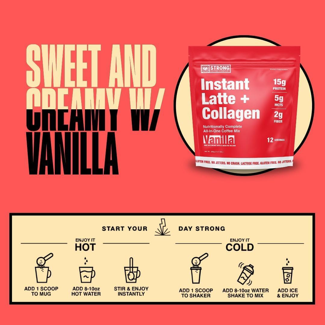 STRONG COFFEE COMPANY Vanilla Instant Latte Pack | 15g Collagen Protein | Lion’s Mane & L-Theanine