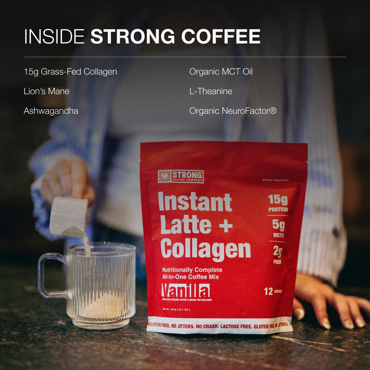 STRONG COFFEE COMPANY Vanilla Instant Latte Pack | 15g Collagen Protein | Lion’s Mane & L-Theanine