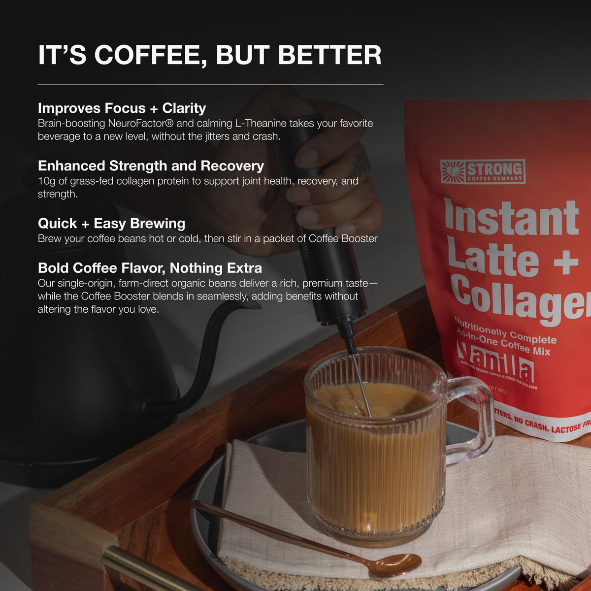 STRONG COFFEE COMPANY Vanilla Instant Latte Pack | 15g Collagen Protein | Lion’s Mane & L-Theanine