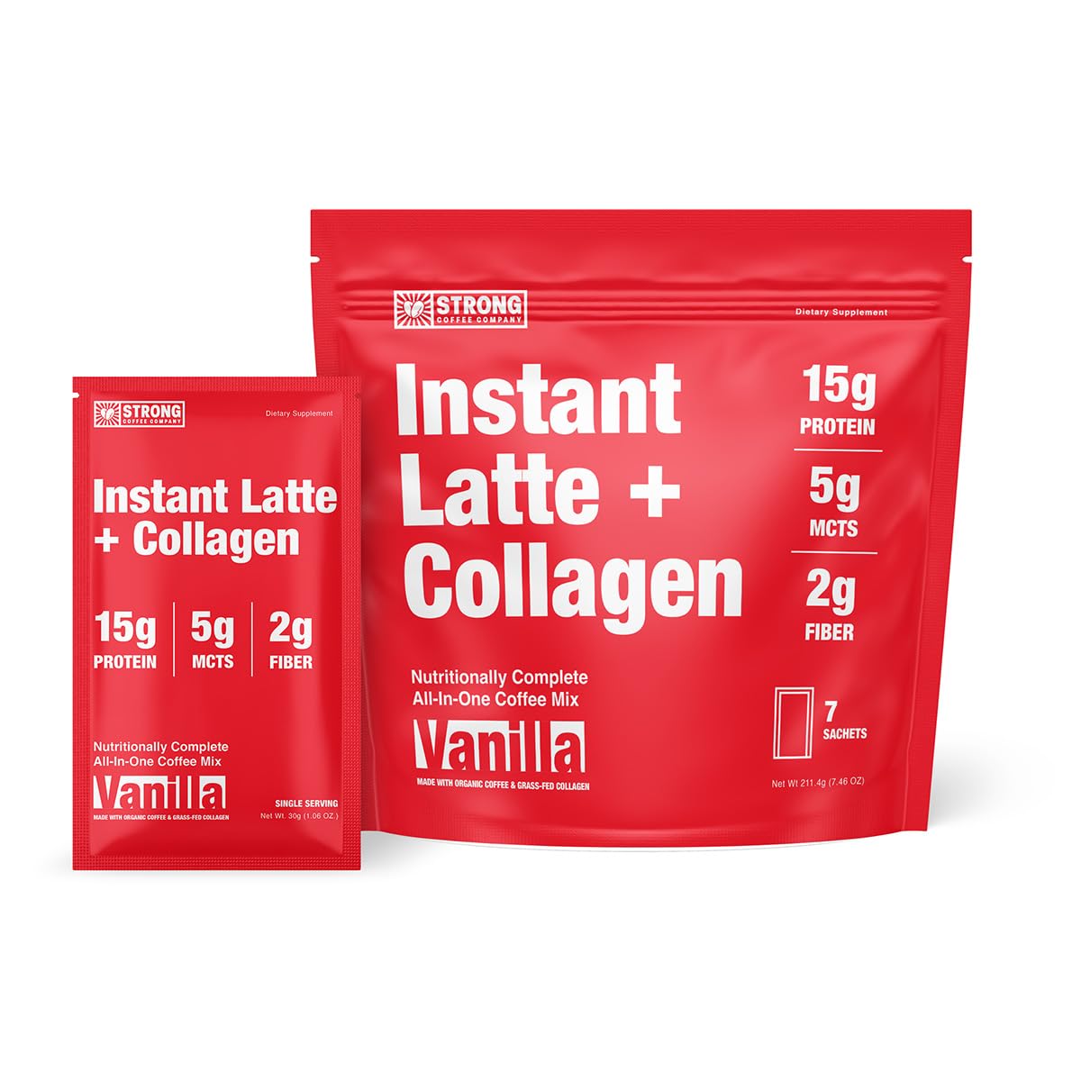 STRONG COFFEE COMPANY Vanilla Instant Latte Pack | 15g Collagen Protein | Lion’s Mane & L-Theanine