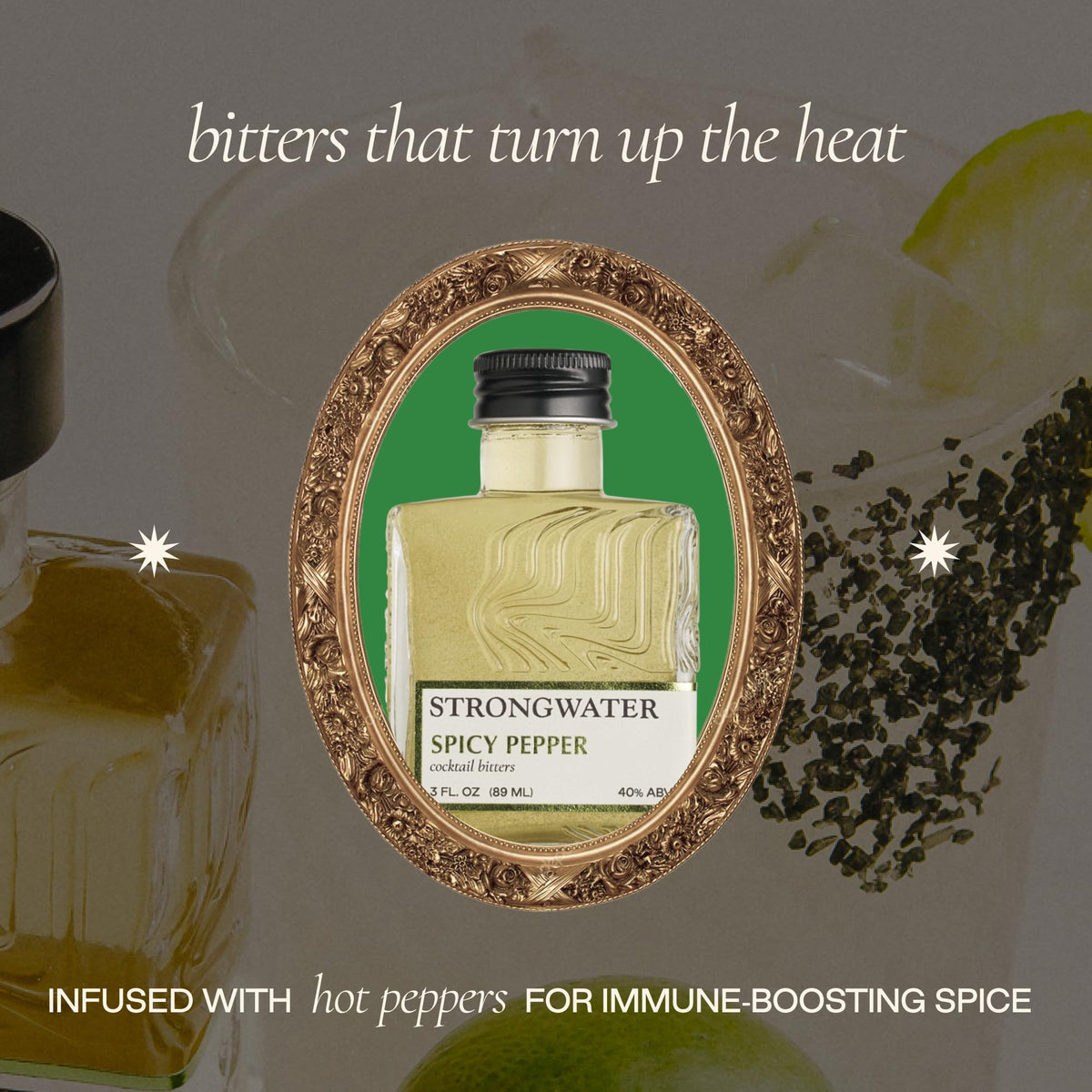 Strongwater Bonfire Spicy Pepper Bitters (40 Servings) – Lime & Fresh Pepper – Pair with Margarita or Bloody Mary – 3oz