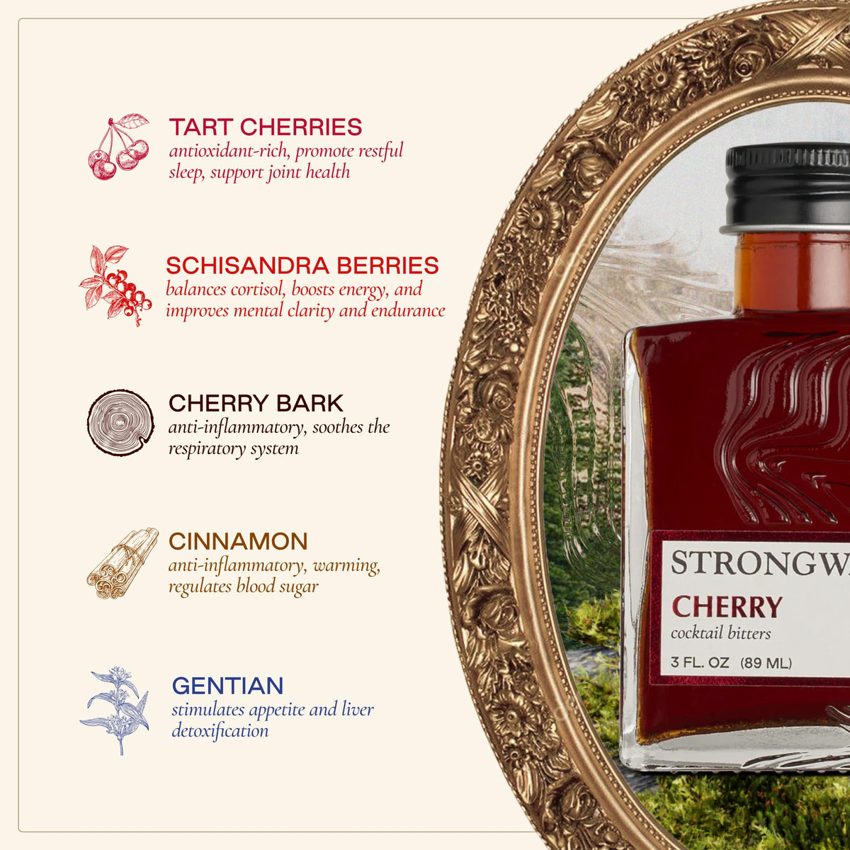 Strongwater Cherry Bitters (40 Servings) – Organic Tart & Bing Cherries, Cinnamon Spice, 3oz