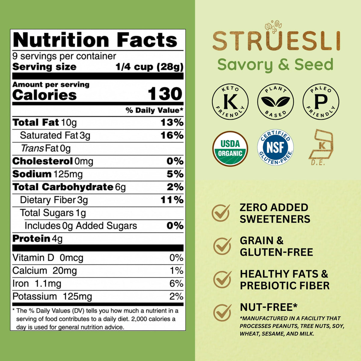 Struesli Savory & Seed Organic Granola — Grain Free, Nut Free, Gluten Free (2 Pack, 9 oz)