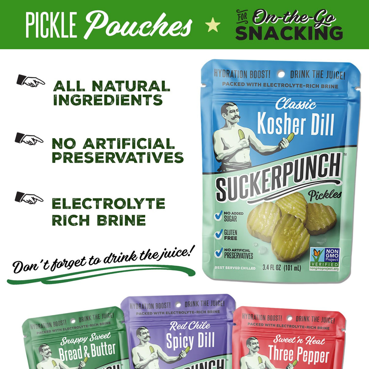 SuckerPunch Pickles in a Pouch – 4-Flavor Variety Pack, Classic Dill, Gluten Free, Sugar Free, Low Calorie, Keto, Vegan, Non-GMO, Ready to Eat