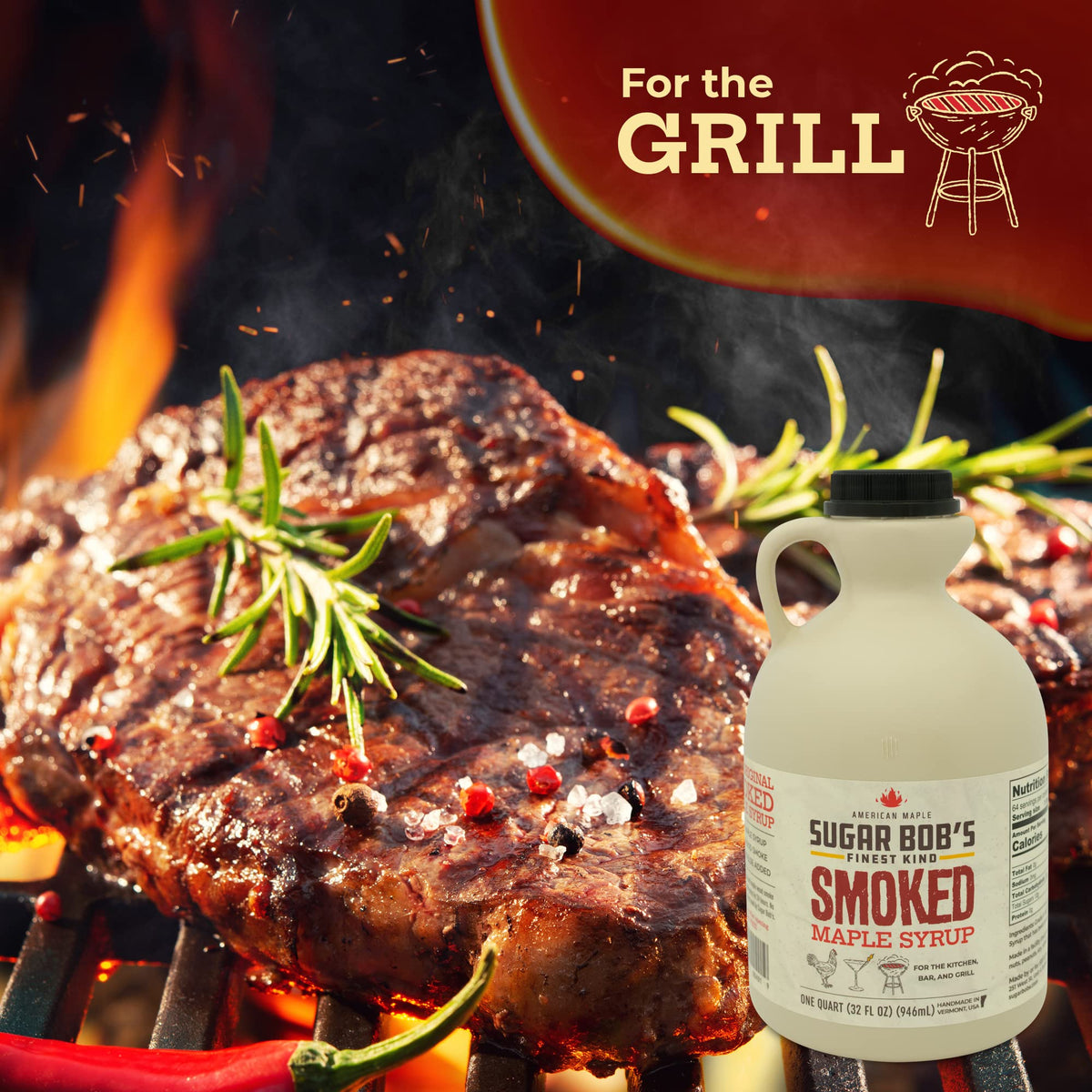 Sugar Bob's Finest Kind Smoked Maple Syrup – 32 oz Vermont Glaze, Marinade & Cocktail Mixer