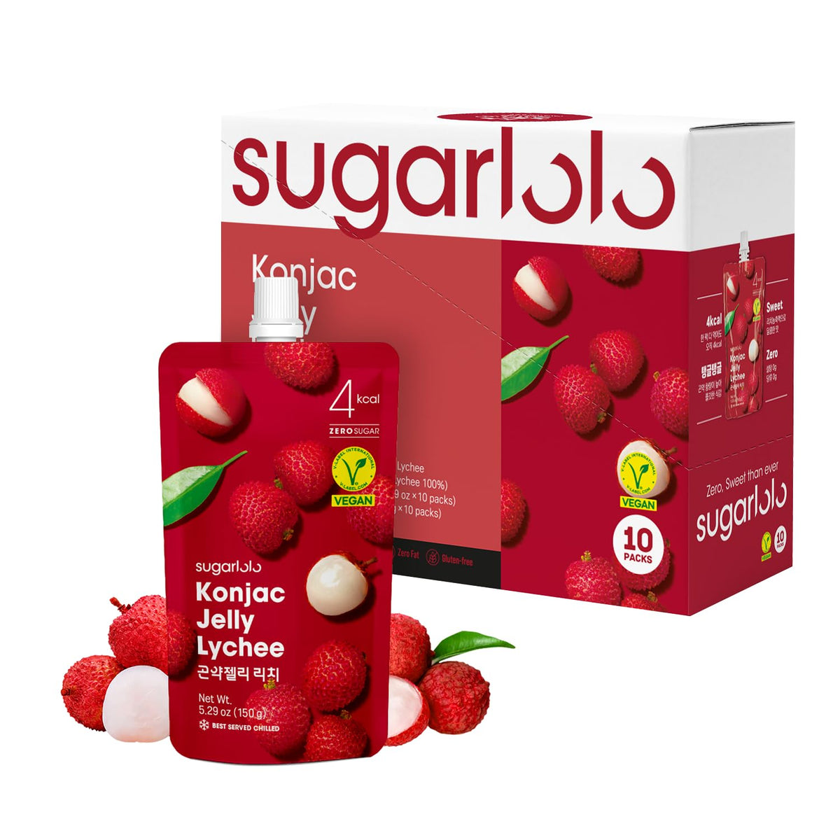 Sugarlolo Konjac Lychee Jelly Snack - Vegan, 4 Cal per Pouch, Zero Sugar, 10-Pack