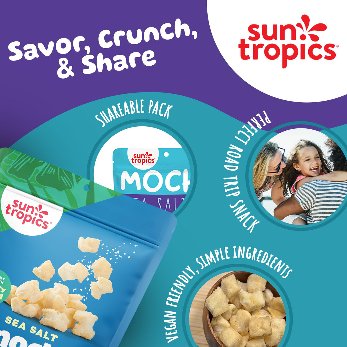 Sun Tropics Mochi Crunch Sea Salt - Gluten Free Rice Crackers, 3.5 oz Pack (6 Count) | Crispy Mochi Bites