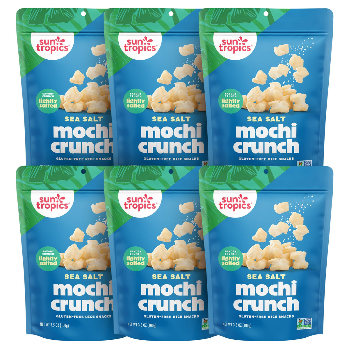 Sun Tropics Mochi Crunch Sea Salt - Gluten Free Rice Crackers, 3.5 oz Pack (6 Count) | Crispy Mochi Bites