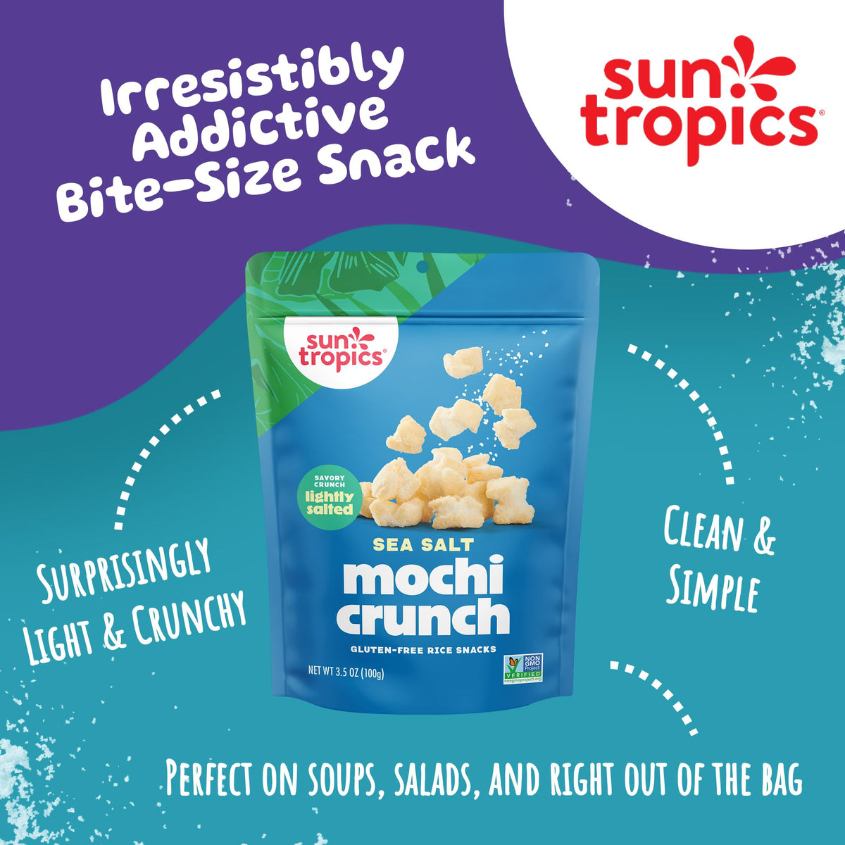 Sun Tropics Mochi Crunch Sea Salt - Gluten Free Rice Crackers, 3.5 oz Pack (6 Count) | Crispy Mochi Bites