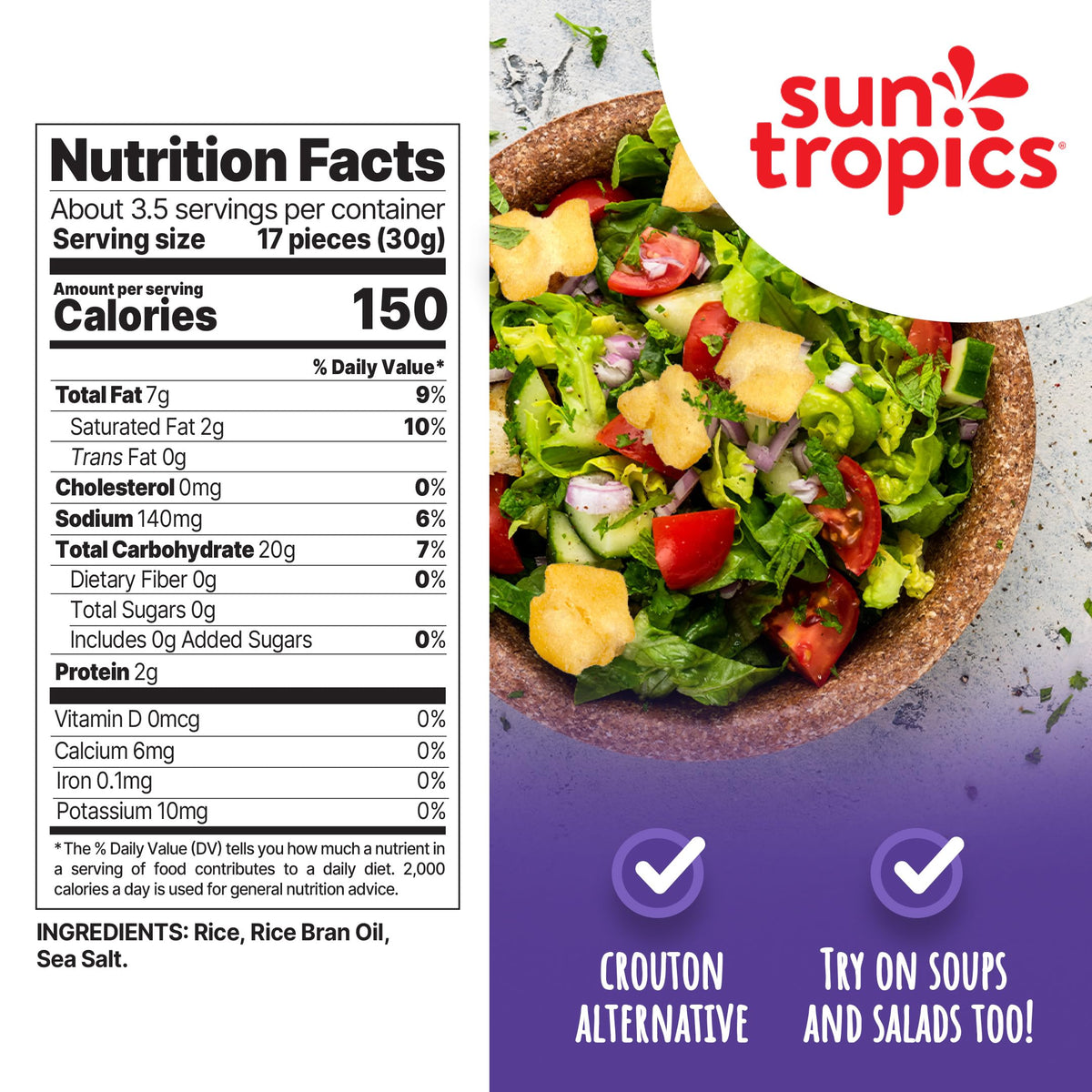 Sun Tropics Mochi Crunch Sea Salt - Gluten Free Rice Crackers, 3.5 oz Pack (6 Count) | Crispy Mochi Bites