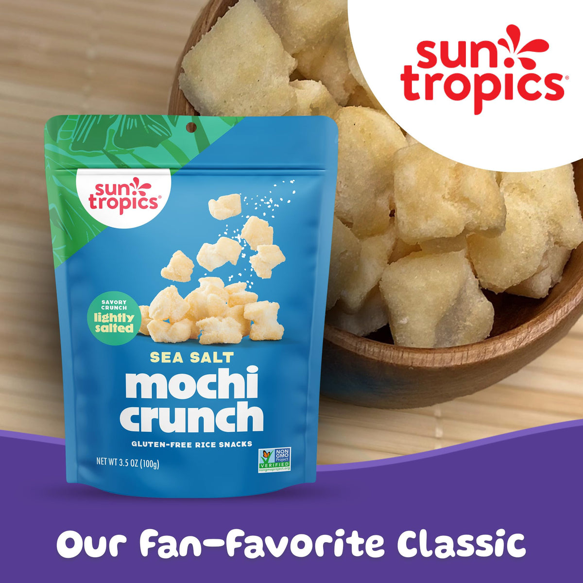 Sun Tropics Mochi Crunch Sea Salt - Gluten Free Rice Crackers, 3.5 oz Pack (6 Count) | Crispy Mochi Bites
