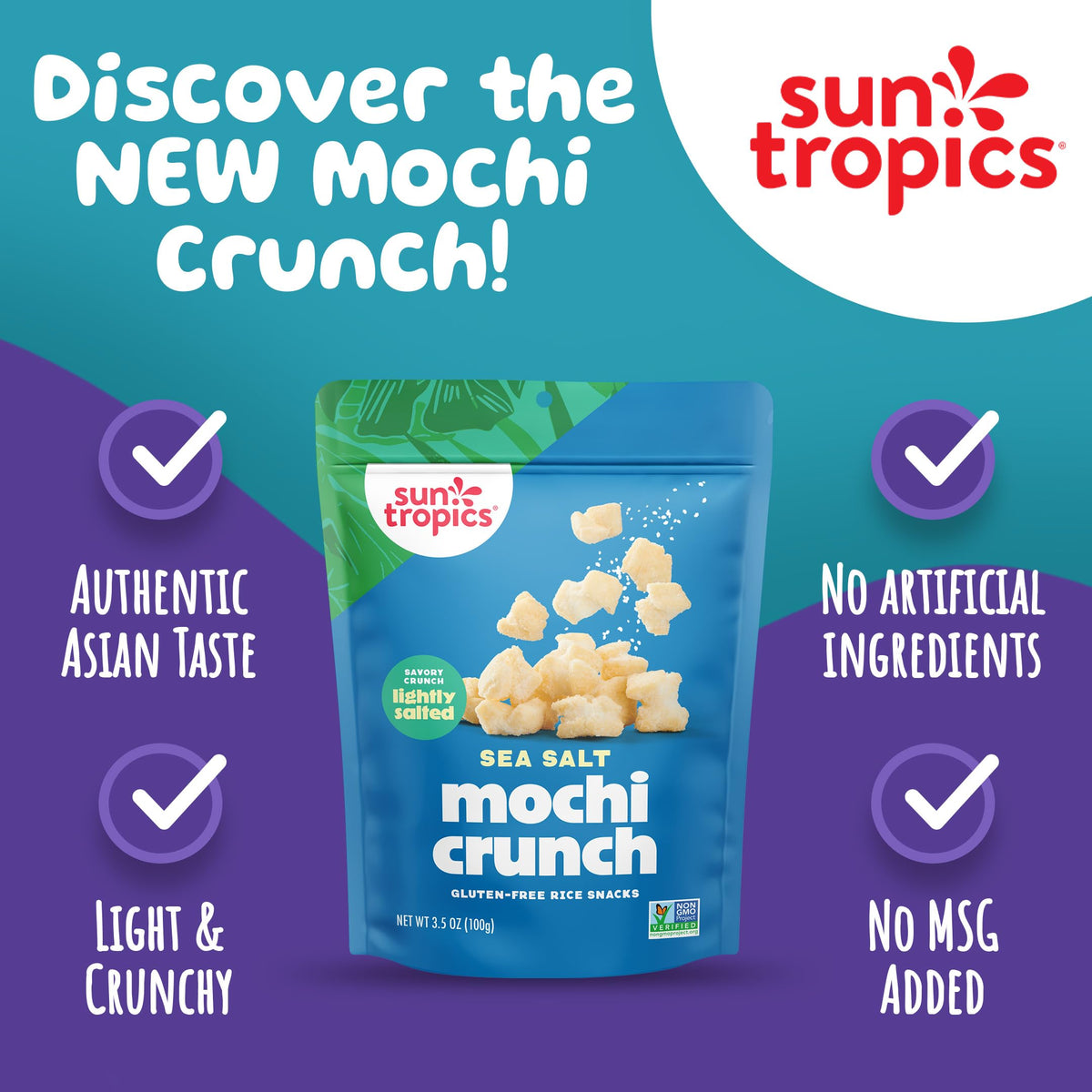 Sun Tropics Mochi Crunch Sea Salt - Gluten Free Rice Crackers, 3.5 oz Pack (6 Count) | Crispy Mochi Bites
