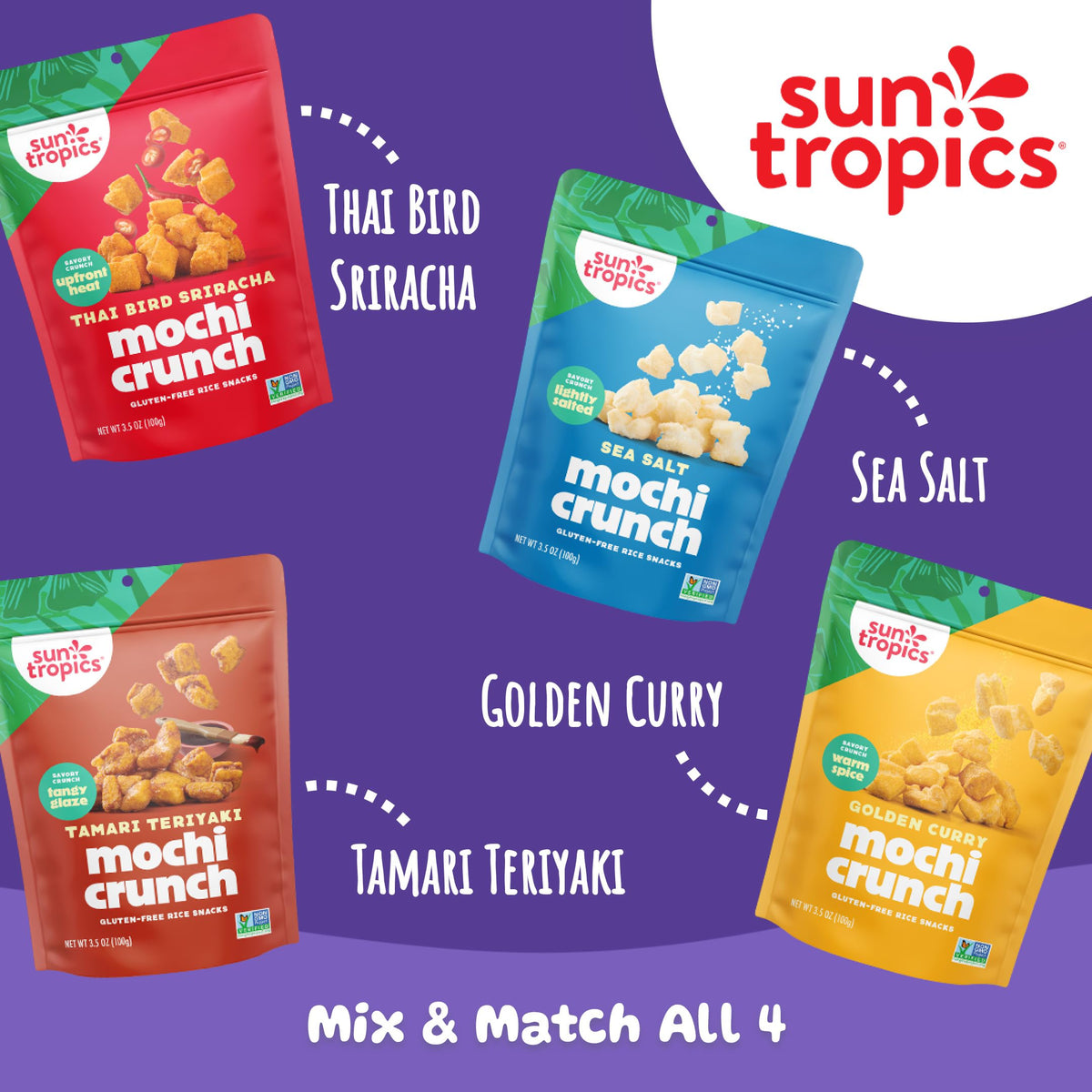 Sun Tropics Mochi Snack Bites – Thai Bird Sriracha (3.5 oz, 6 Pack) Gluten Free