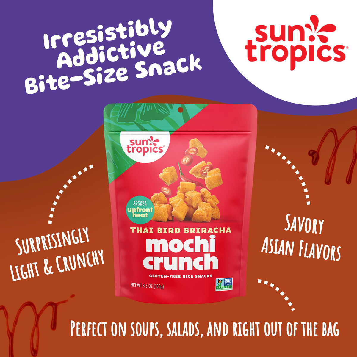 Sun Tropics Mochi Snack Bites – Thai Bird Sriracha (3.5 oz, 6 Pack) Gluten Free