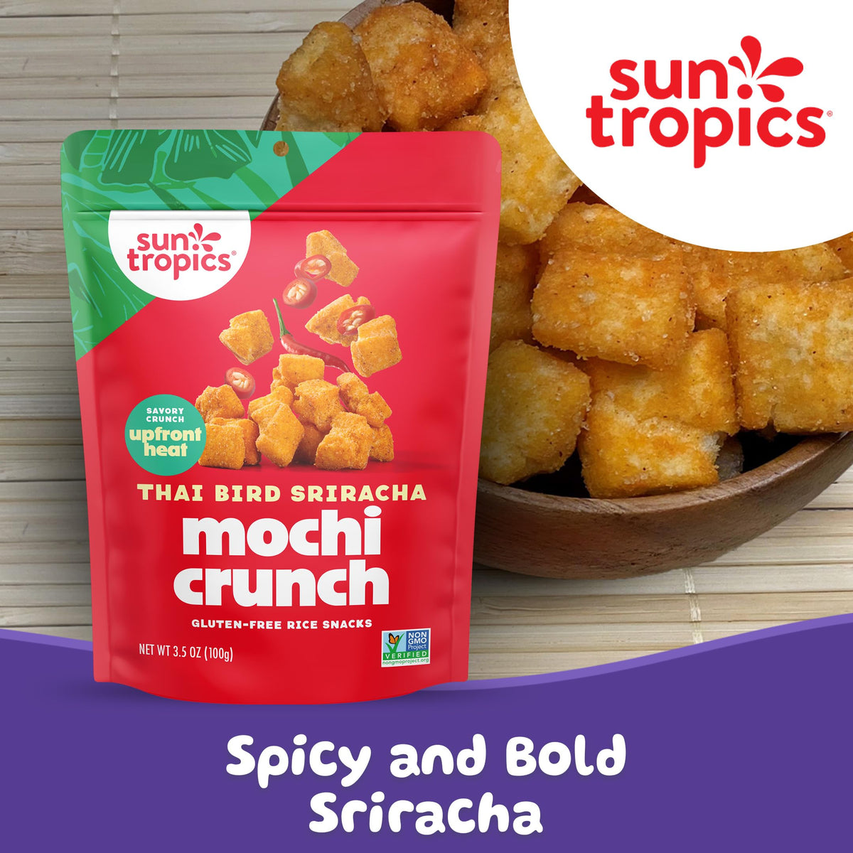 Sun Tropics Mochi Snack Bites – Thai Bird Sriracha (3.5 oz, 6 Pack) Gluten Free