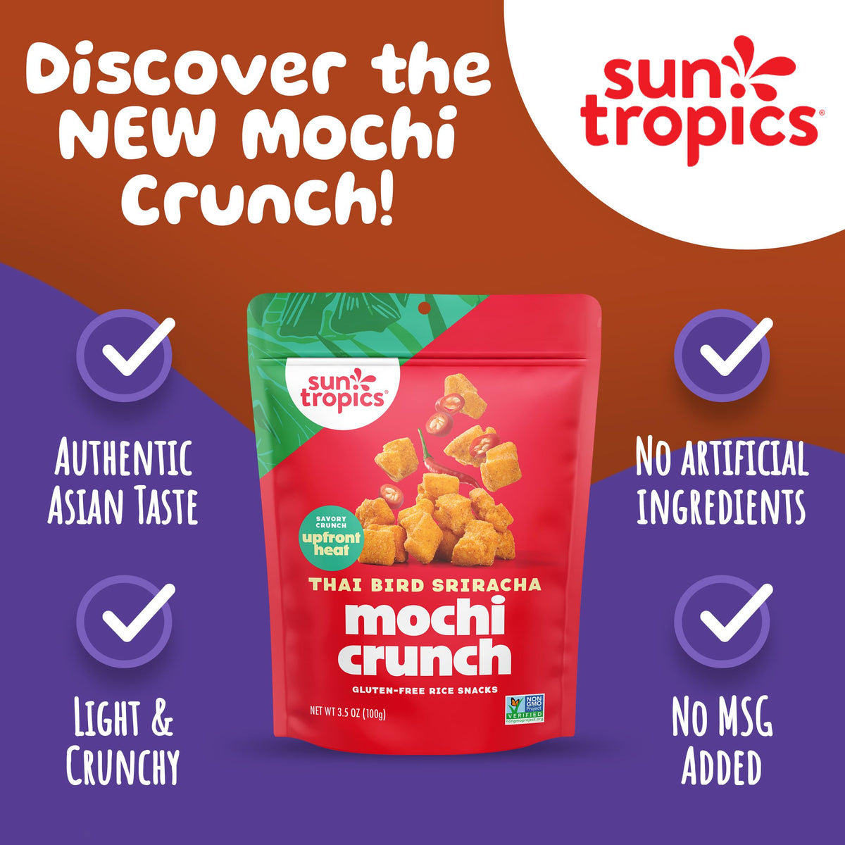 Sun Tropics Mochi Snack Bites – Thai Bird Sriracha (3.5 oz, 6 Pack) Gluten Free