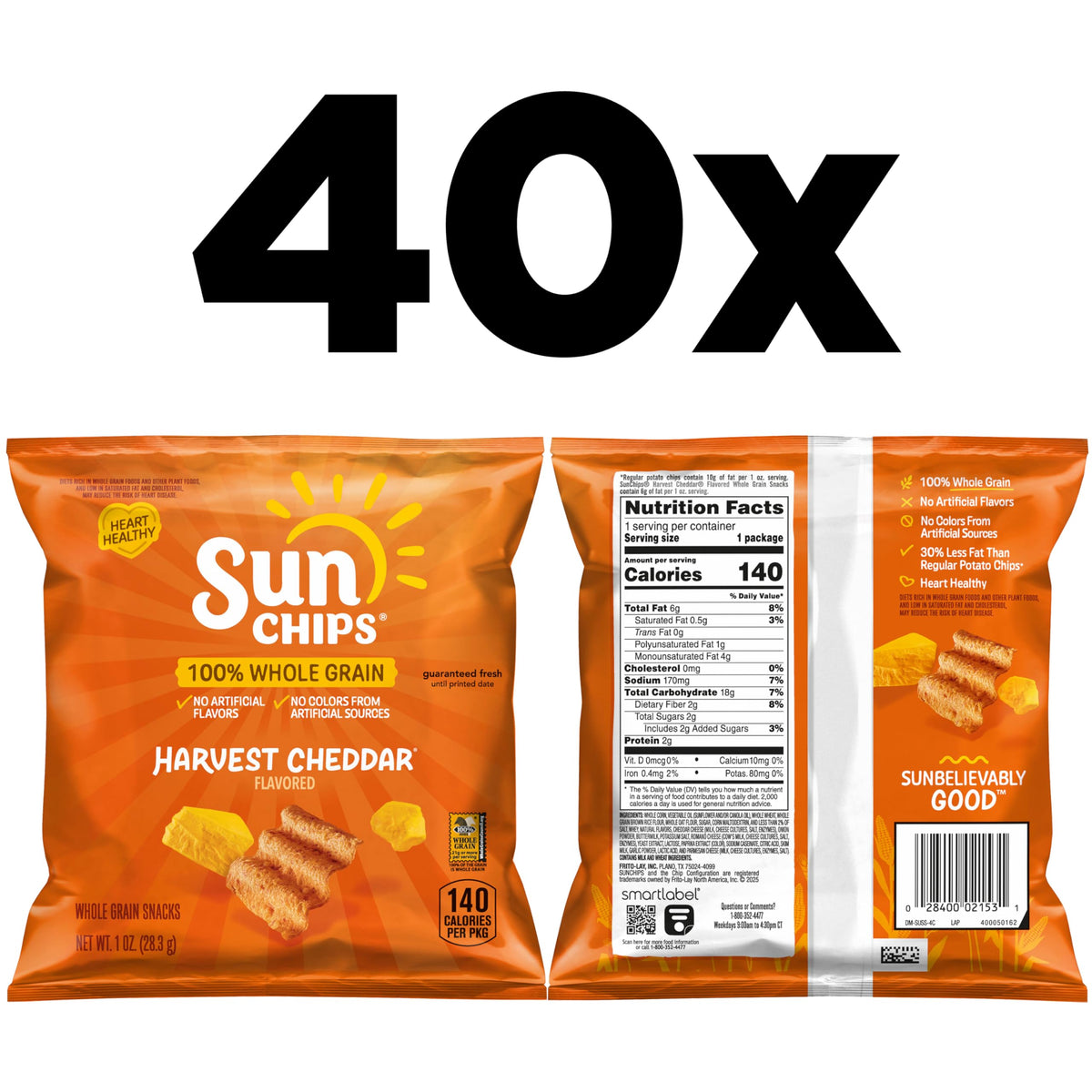 SunChips Harvest Cheddar 100% Whole Grain Chips — 40 Bags, 1 oz Each | No Artificial Flavors or Colors | 30% Less Fat
