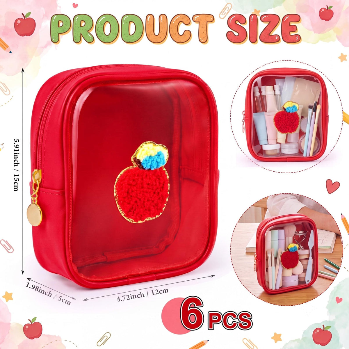 Sunnymove 6 Pcs Back to School Gifts for Teacher Mini Clear Makeup Bags with Zipper PVC Cosmetic Pouch Red Apple Makeup Bags Waterproof Pencil Pouch for Teacher Appreciation Gift