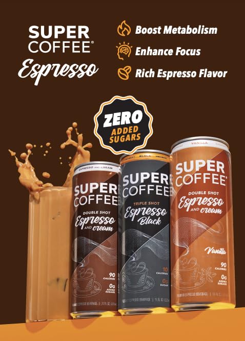 SUPER COFFEE Espresso Triple Shot Black Can - 0g Added Sugar, 10 Calories, 11oz, 12-Pack | Cold Brew Coffee Drinks