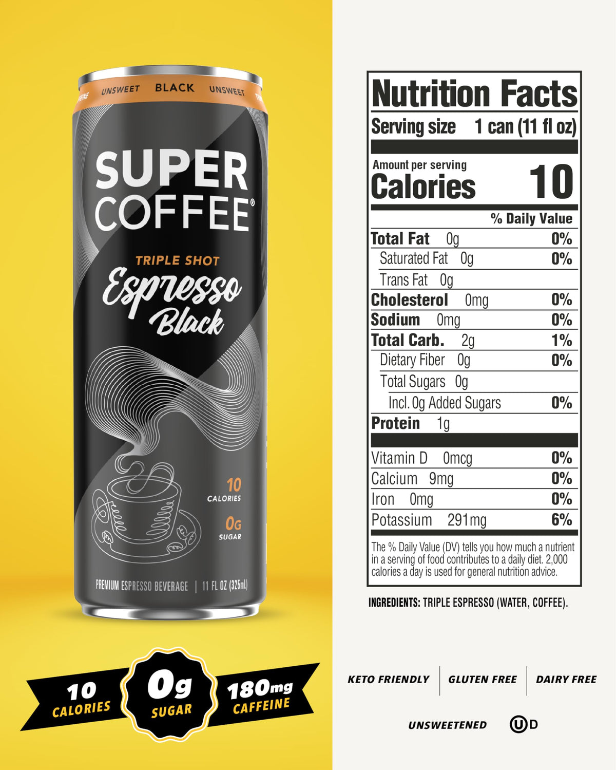 SUPER COFFEE Espresso Triple Shot Black Can - 0g Added Sugar, 10 Calories, 11oz, 12-Pack | Cold Brew Coffee Drinks