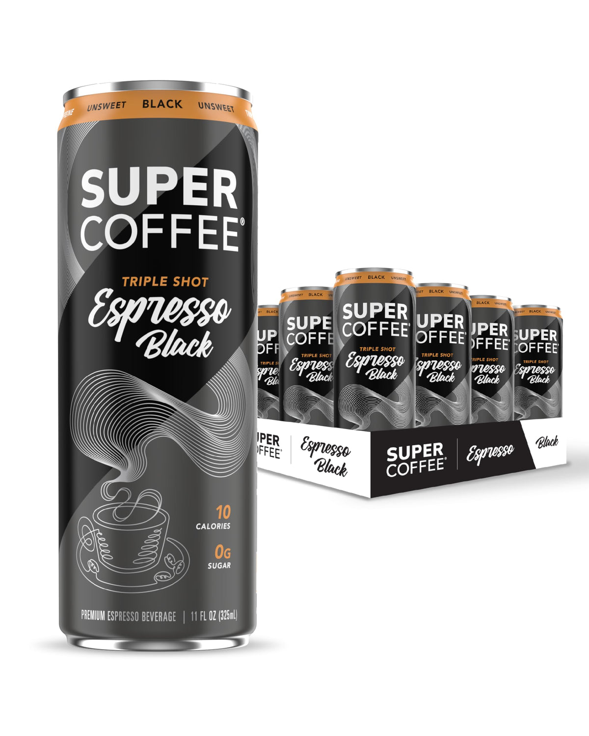 SUPER COFFEE Espresso Triple Shot Black Can - 0g Added Sugar, 10 Calories, 11oz, 12-Pack | Cold Brew Coffee Drinks