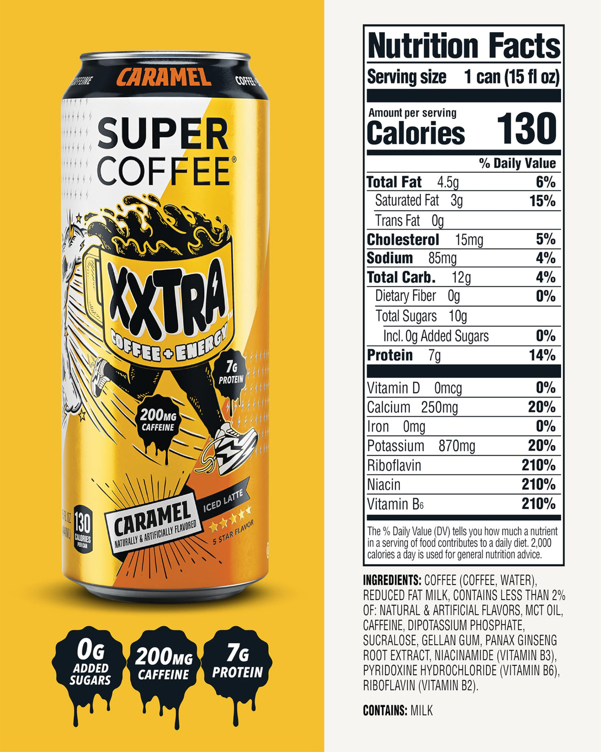 SUPER COFFEE XXTRA Keto Protein Coffee – 7g Protein, 0g Added Sugar, 130 Calories, Caramel, 15oz Can (12 Pack) | Iced Smart Coffee