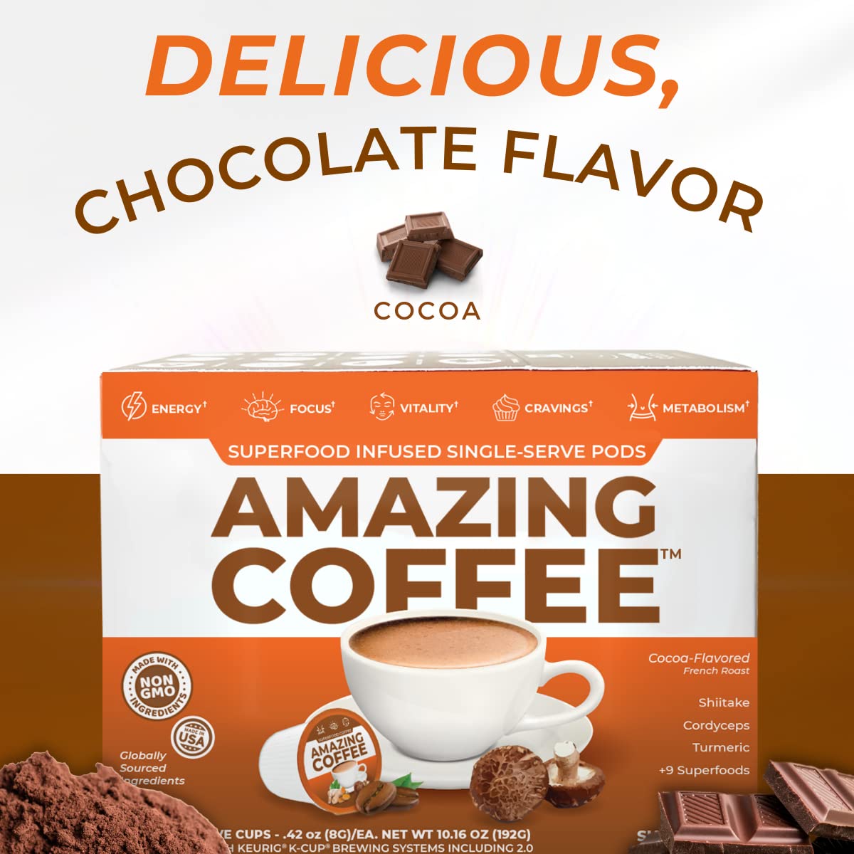 Superfoods Company Amazing Coffee – 12 Natural Superfoods French Roast – Sugar Free, Gluten Free, Vegan & Keto (24 Pods)