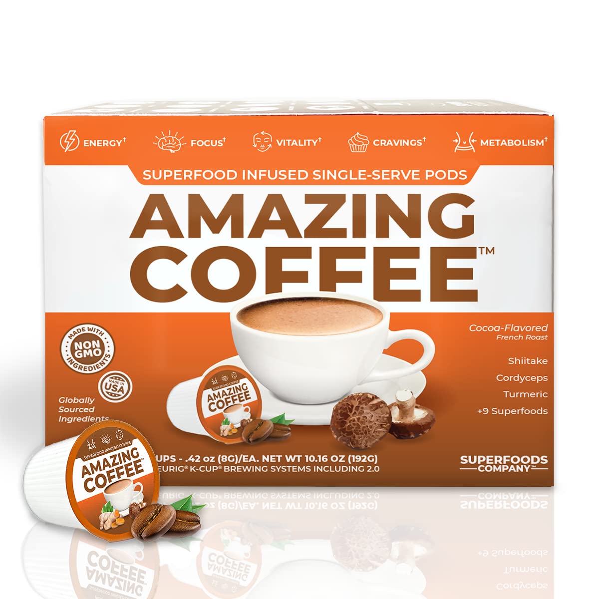 Superfoods Company Amazing Coffee – 12 Natural Superfoods French Roast – Sugar Free, Gluten Free, Vegan & Keto (24 Pods)
