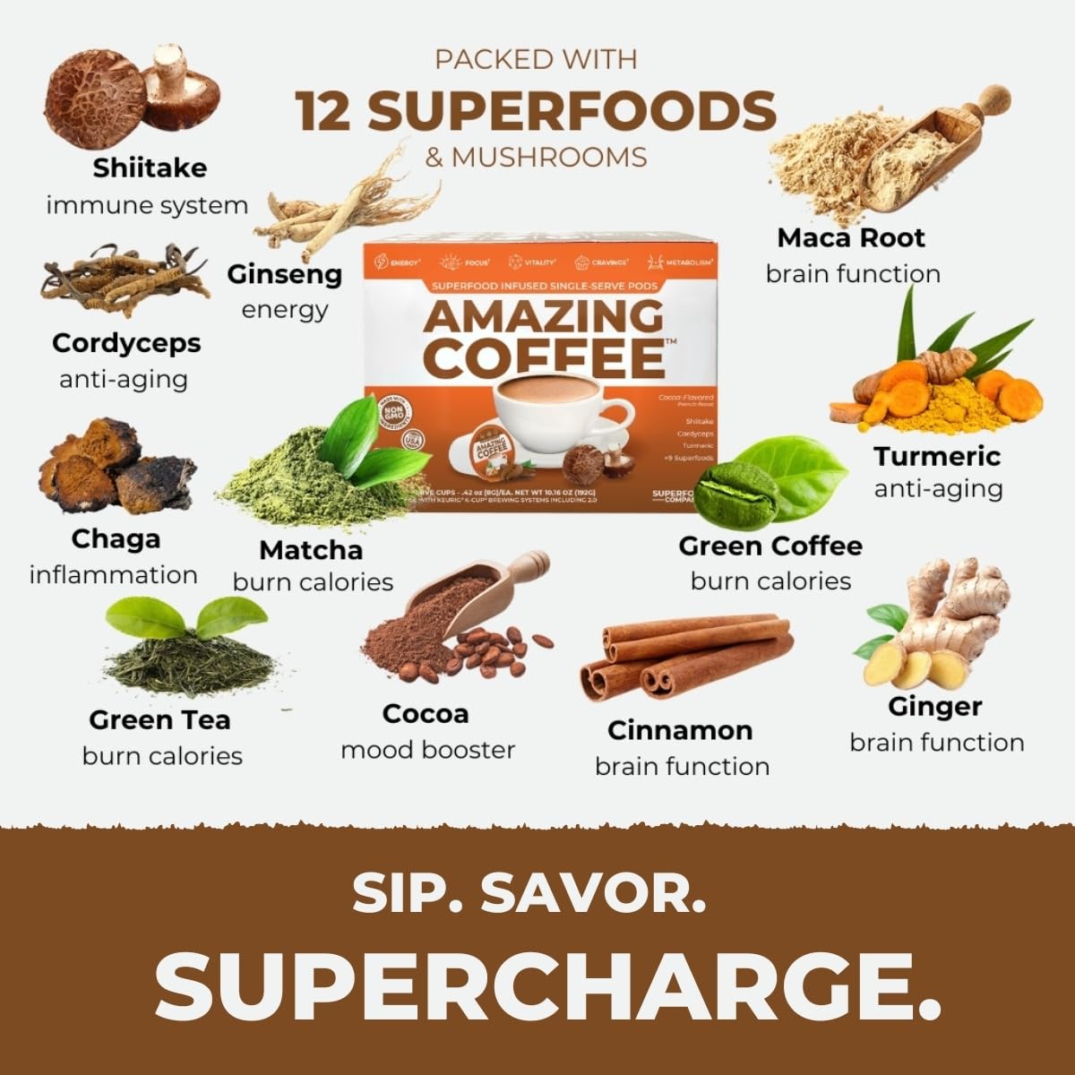 Superfoods Company Amazing Coffee – 12 Natural Superfoods French Roast – Sugar Free, Gluten Free, Vegan & Keto (24 Pods)