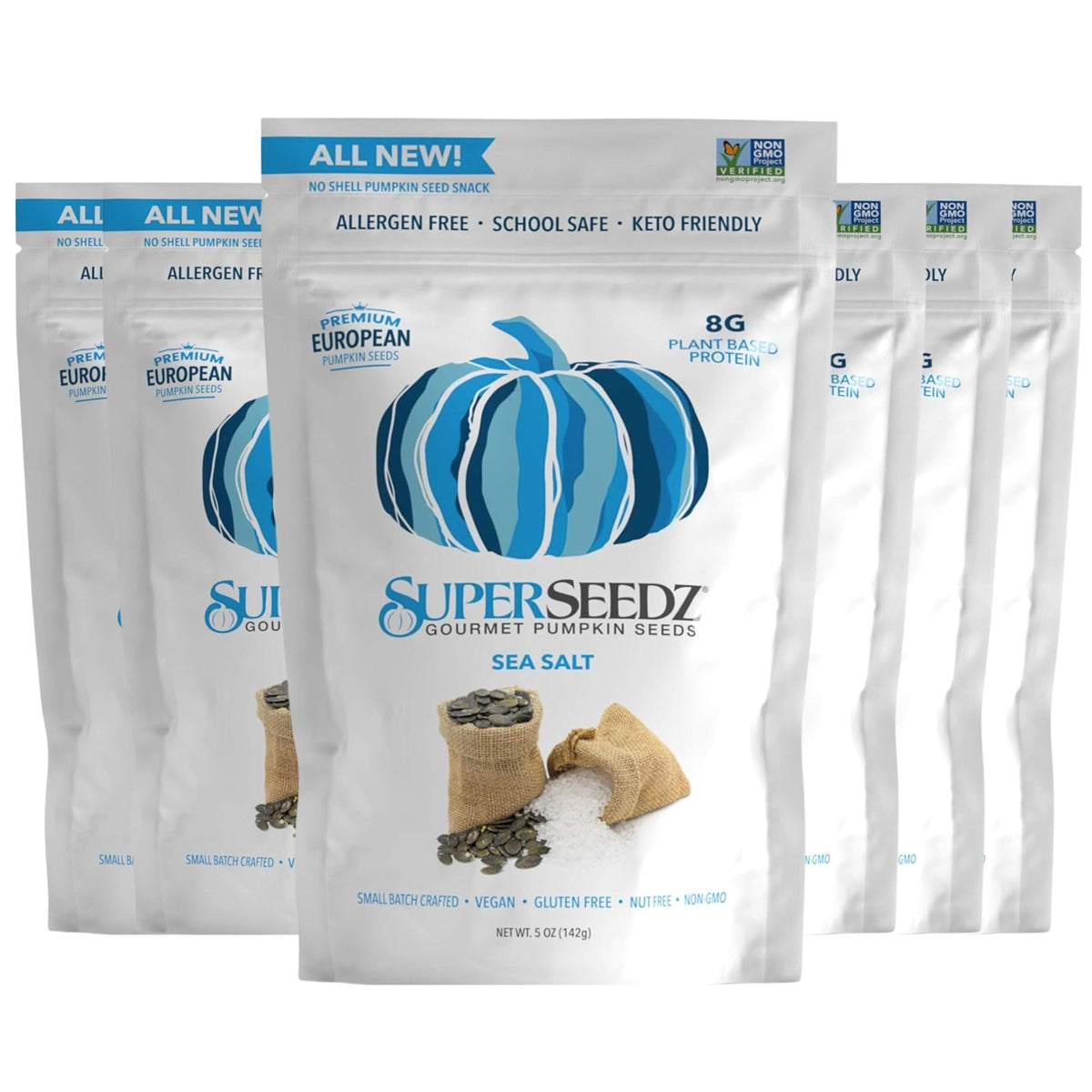 SuperSeedz Dry Roasted Pumpkin Seeds with Sea Salt – 8g Protein, Keto Snack (5oz) – 6 Pack