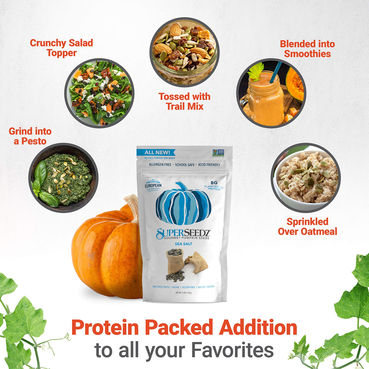SuperSeedz Dry Roasted Pumpkin Seeds with Sea Salt – 8g Protein, Keto Snack (5oz) – 6 Pack